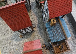 A bird's eye view of the miniature buildings from Custom Kingdoms.