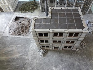 The Dust Tactics Operation Cerberus building as seen from above with basswood roofing.