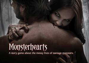 Poster for Joe McDaldno's Monsterhearts RPG with vampiress biting into hunk's neck.