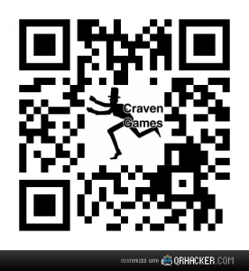A QR code for a smart phone with the Craven Games logo inside it.