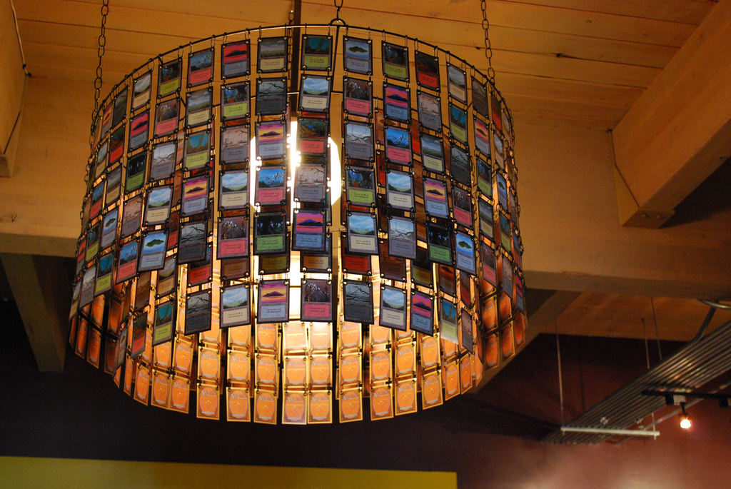 Magic: the Gathering lands are strung together to form a chandelier of cards