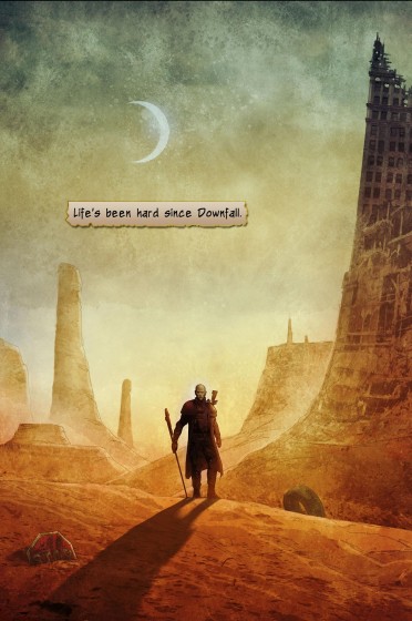 Traveler surveys post-apocalyptic wasteland on first page of Downfall comic