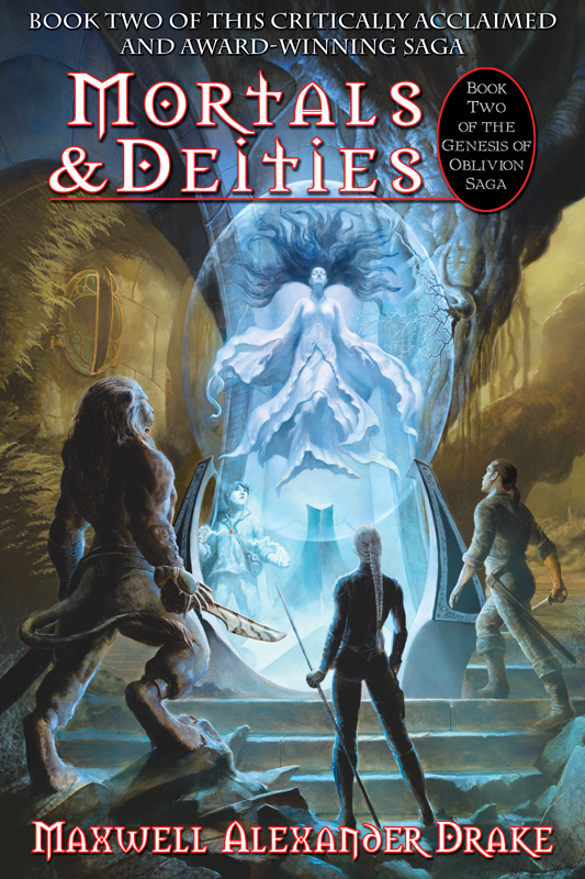 Cover depicts cat person Kith, assassin around glowing goddess on Mortals and Deities cover