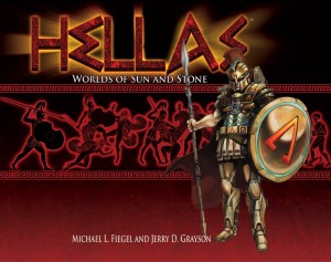 Cover for Hellas the role playing game showing futuristic Greek spacefarer