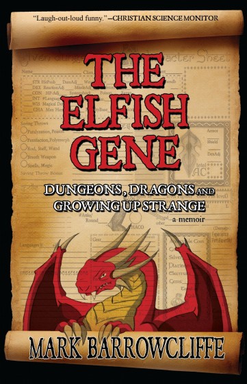 Book cover for Elfish Gene depicting red cartoon dragon and character sheet for Dungeons and Dragons