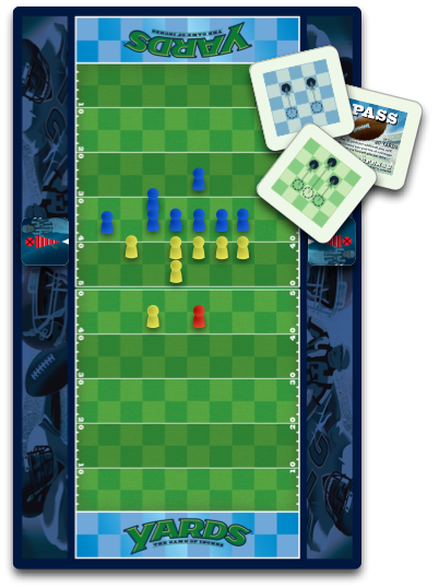 Overhead image of Yards game board, wooden pieces, and game cards