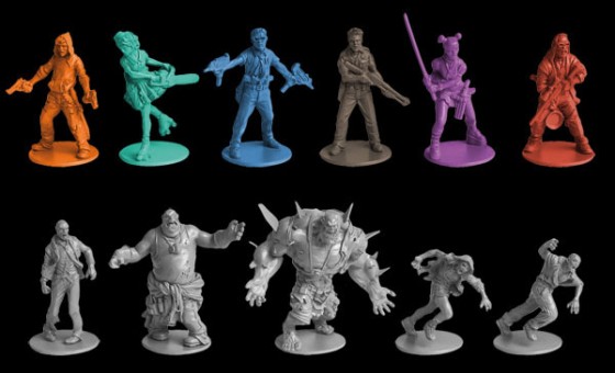 Zombicide's 6 Survivor miniatures with sculpts of 4 varities of zombies in the game