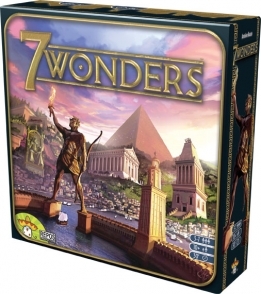 Game box for 7 Wonders showing Colossus of Roades, Pyramids of Ghiza, and other wonders