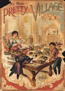 Brother and sister play with paper village buildings while mother watches on the cover of the New Pretty Village