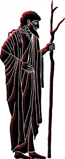 Black and red line art image of Greek Hellas god holding staff Aemoton