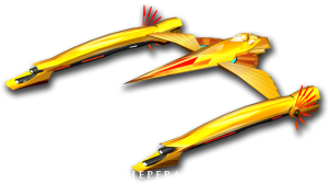 Yellow spaceship from Hellas RPG vaguely W-shaped