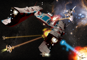 Computer-generated spaceships battle in outspace in Hellas