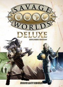Cover of role playing game system Savage Worlds showing spacefarer and fantasy warrior