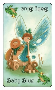 Fairy in blue dress named Baby Blue totes some Teddy Bears for Game-O-Gami's Goblins Drool, Fairies Rule!