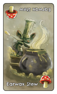 Green goblin drawn by Mike Maihack stirs his pot of Earwax Stew for rhyming card game Goblins Drool Fairies Rule!