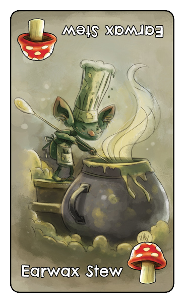 Green goblin drawn by Mike Maihack stirs his pot of Earwax Stew for rhyming card game Goblins Drool Fairies Rule!