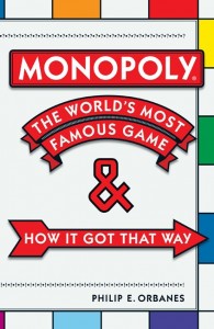 Book cover to Philip Orbanes Monopoly book with Monopoly-patterned background