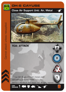 Small light Cayuse helicopter displayed on orange-backed card for P.O.W.E.R. game