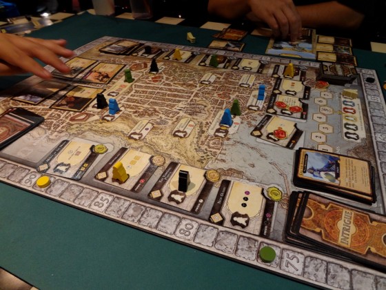 A Lords of Waterdeep game in progress with most of the pieces on the board