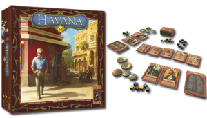 Cover art for Havana from 999 Games and game components displayed