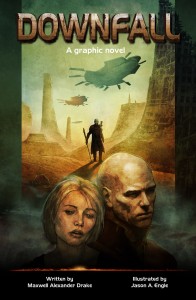 Bald wasteland wanderer and woman on cover of Maxwell Alexander Drake's Downfall