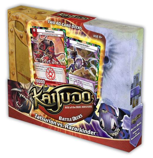 Product box for Kaijudo BattleDeck revealing foil-embossed cards for Tatsurion and Razorkinder