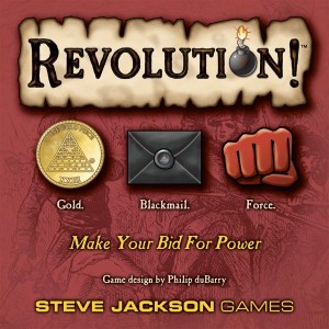 Cover art for board game from Steve Jackson Games Revolution showing gold coin, blackmail envelope, and red fist for Force