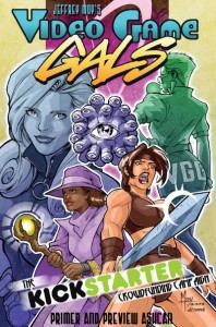 Comic graphic novel cover with two drawn attractive women dressed as an elf and a wizard for Video Game Gals