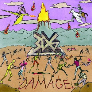 Classic and poorly drawn RPG warriors battling on cover of Damage album by 3d6