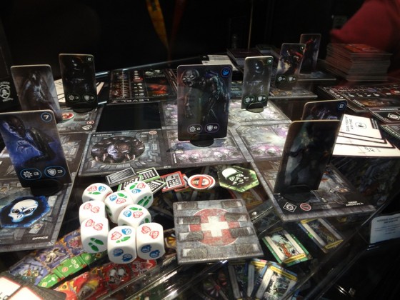 Modular playing tiles for Privateer Press's Level 7 Escape Board Game in a glass display case at Comic-Con 2012
