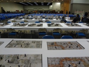 Empty playing tables stretch into the distance at Gen Con on Wednesday night