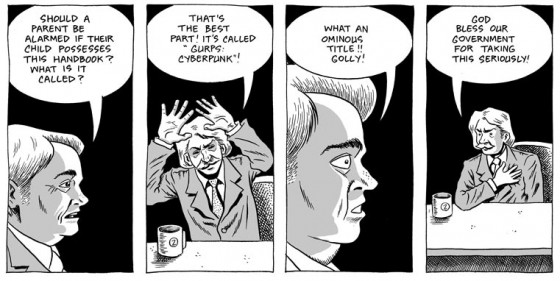 Black and white comic book panels from Wizzywig with talk show host and pundit showing alarm over GURPS Cyberpunk title