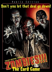 Three zombies menace the viewer on the box art for Zombies!!! the Card Game