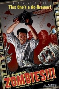 Human wielding chainsaw besieged by undead zombies on cover of Zombies!!! box art