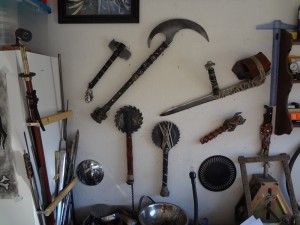 Vicious bladed implements and weapons on a garage wall at Duel at Dusk Productions