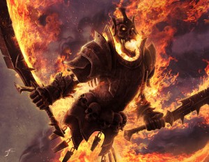 Flaming skeleton in armor card art for Warlord card game by Jason Engle
