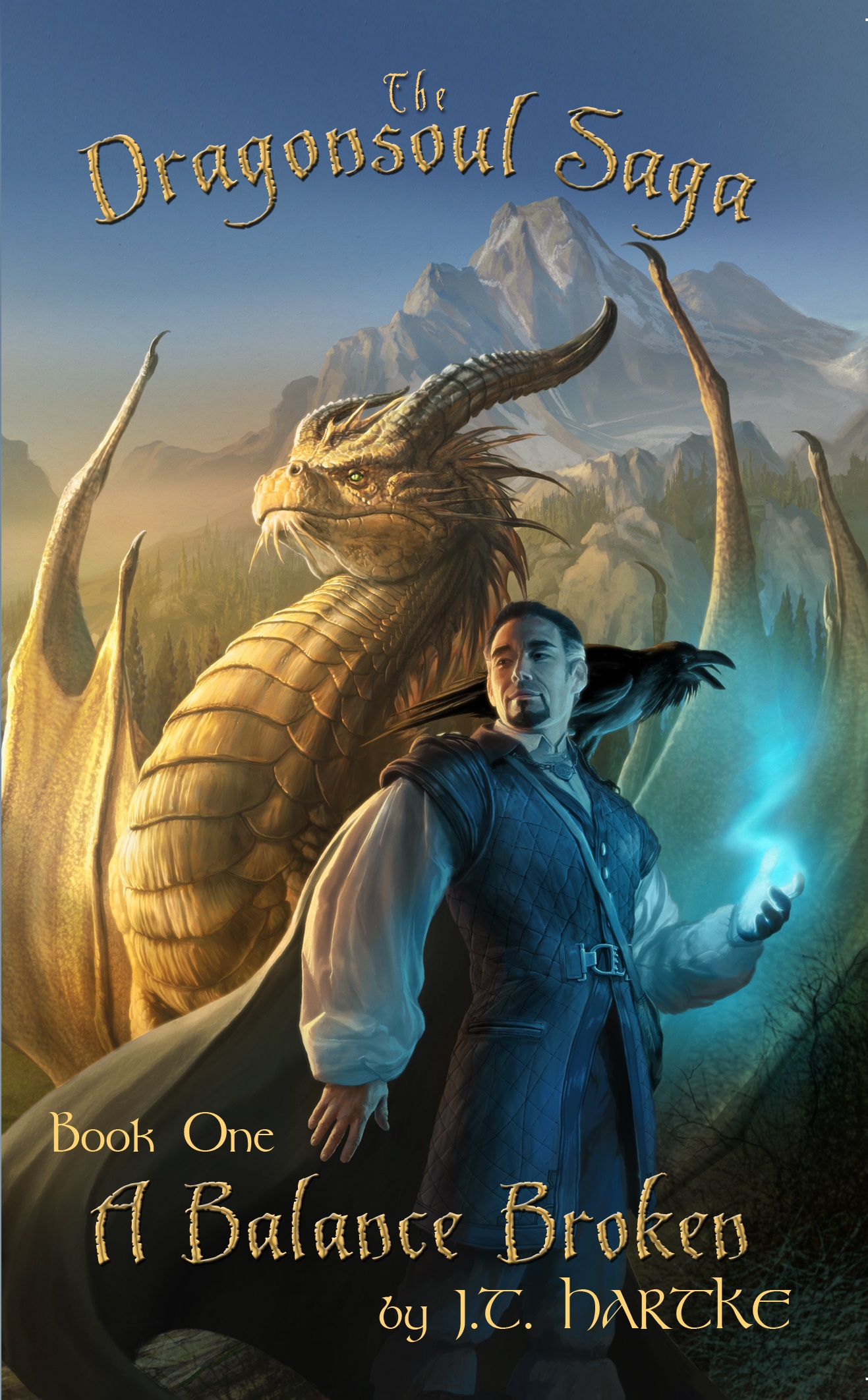 Golden dragon and wizard on cover of J.T. Hartke's fantasy novel A Balance Broken
