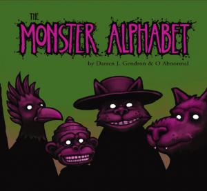 Four shadowy monsters on cover of The Monster Alphabet including Scottish Cu Sith, Tanuki, Varana, and Ibong Adarna