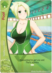 Blonde busty anime woman in green swimsuit on Pool location for card game Tentacle Bento