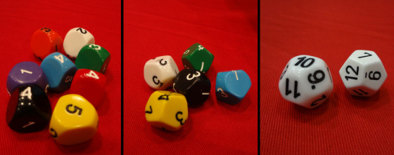 Five-sided dice, seven-sided dice, and a D12 and D14 on red background