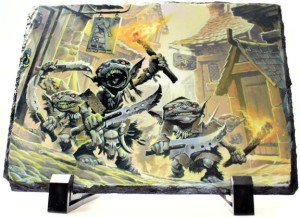 Goblin art image on stone Granix display slab showing Pathfinder image