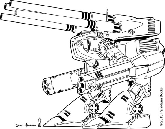 Two legged mecha M.A.C. Monster from Macross Sourcebook as line art with huge shoulder-mounted guns and guns on hands