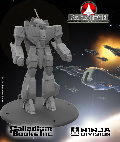 Resin sculpt of Robotech RPG Tactics VF-1A Valkyrie Miniature with UEDF Fleet in art background Palladium Books and Ninja Division