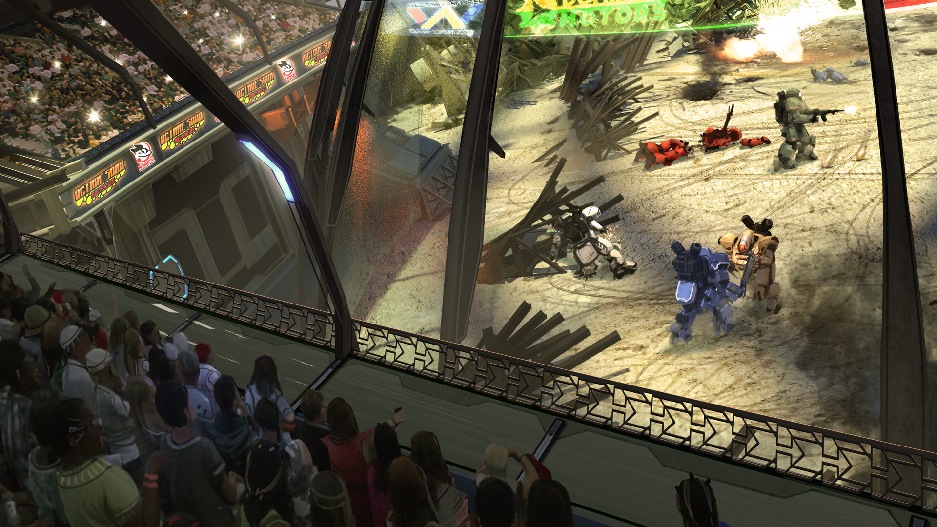 Computer Generated Artwork Showing Dueling Gears in Heavy Gear Assault with Cheering Fans