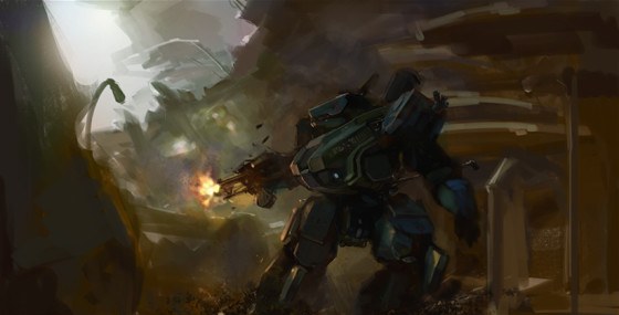 Concept Artwork of Heavy Gear Assault Gear Hunter Blazing Away at Enemy in Distance