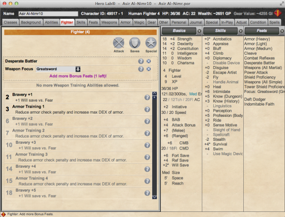 Screenshot of Hero Lab Application showing Pathfinder Society character
