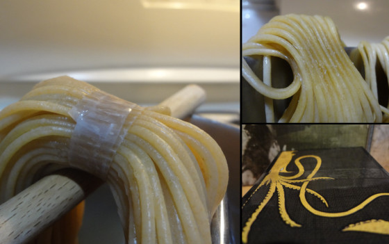 Leftmost picture of spaghetti with Hugo's Amazing Tape wrapped around, next picture raw spaghetti where tape was used, then Game of Thrones cards held together by the tape