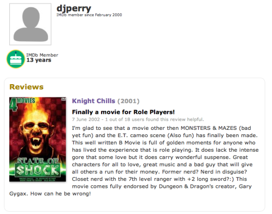 imdb review with name djperry at top and 10 stars for film Knight Chills