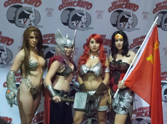 Cosplayers at Las Vegas Comic Expo show some skin, Jackie Goehner as Witchblade, Toni Darling as female Thor, Red Sonja, and Brieanna Brock as Red Son Wonder Woman