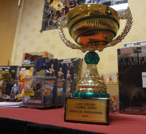 Trophy Reading Las Vegas Comic Expo Heroclix Invitational 2013 with Heroclix on table